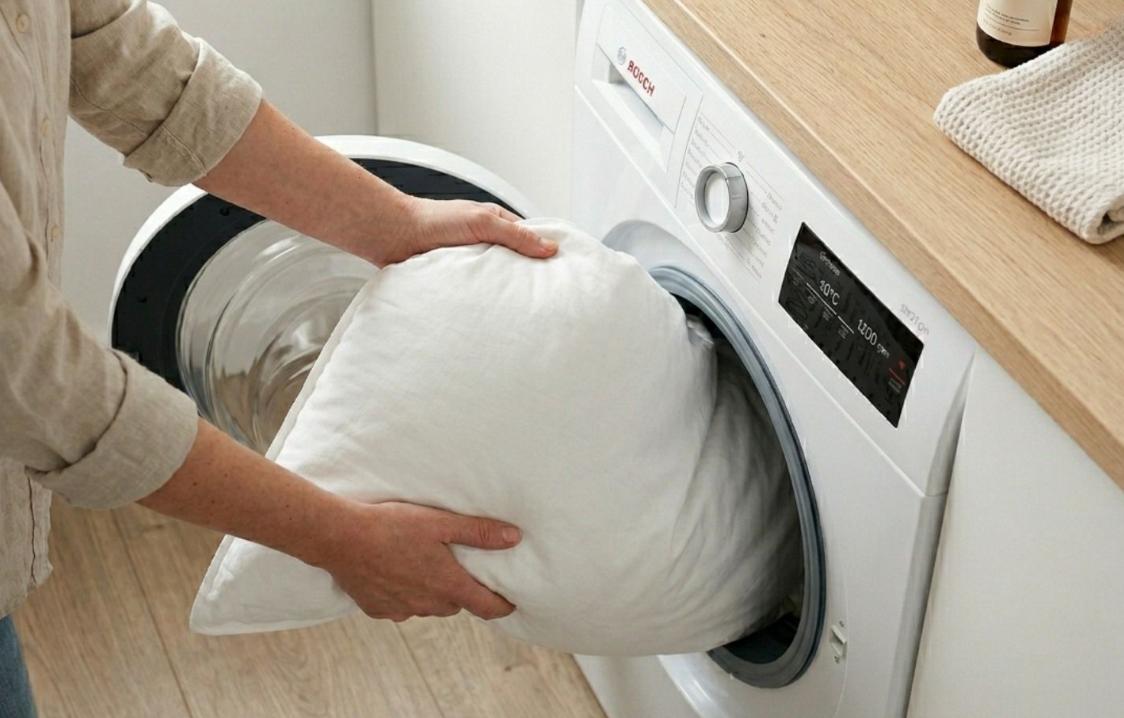 Đối với với ruột gối làm từ bông, cotton, lông vũ hoặc polyester có thể giặt tay hoặc giặt máy