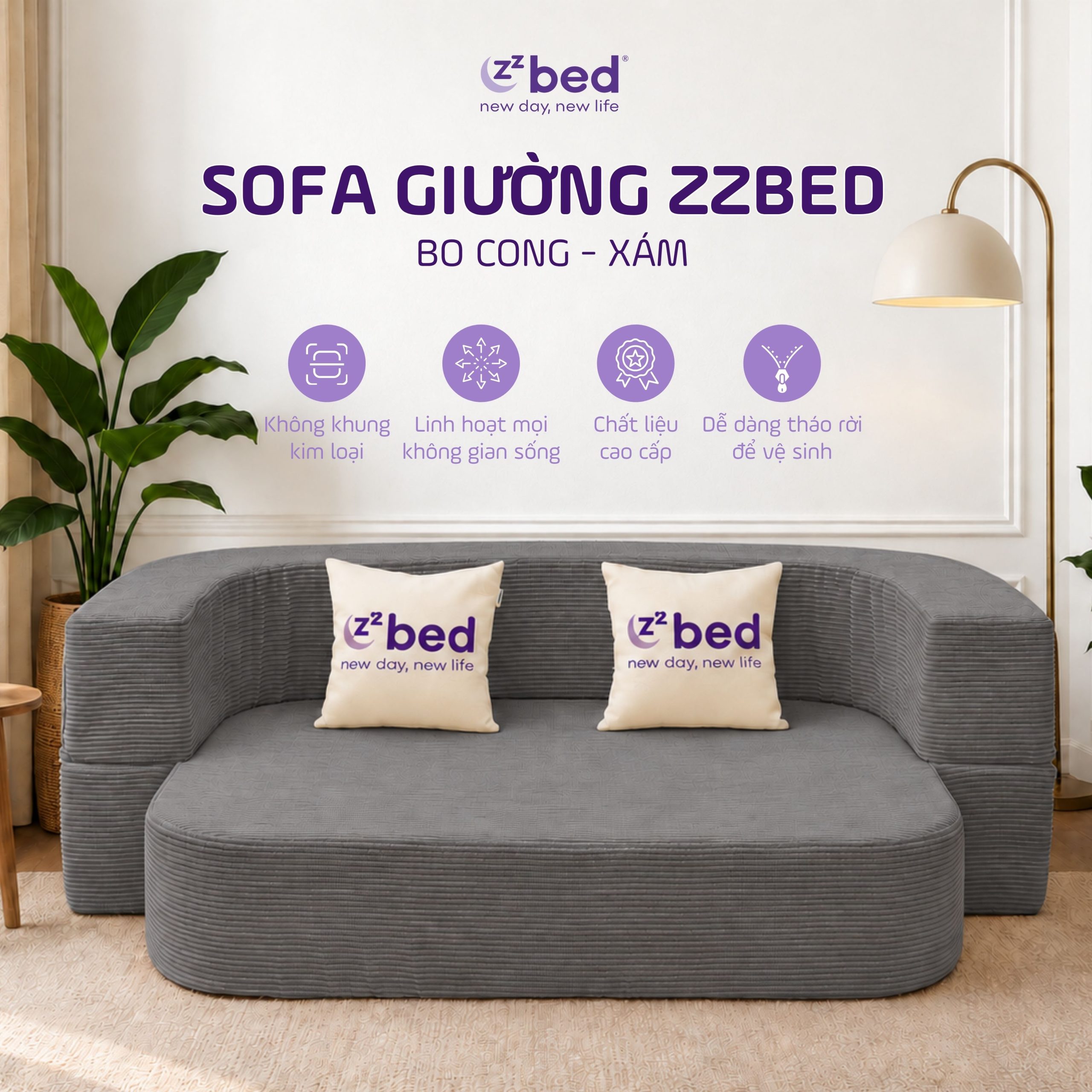 Sofa Giường Zzbed Bo Cong Màu Xám