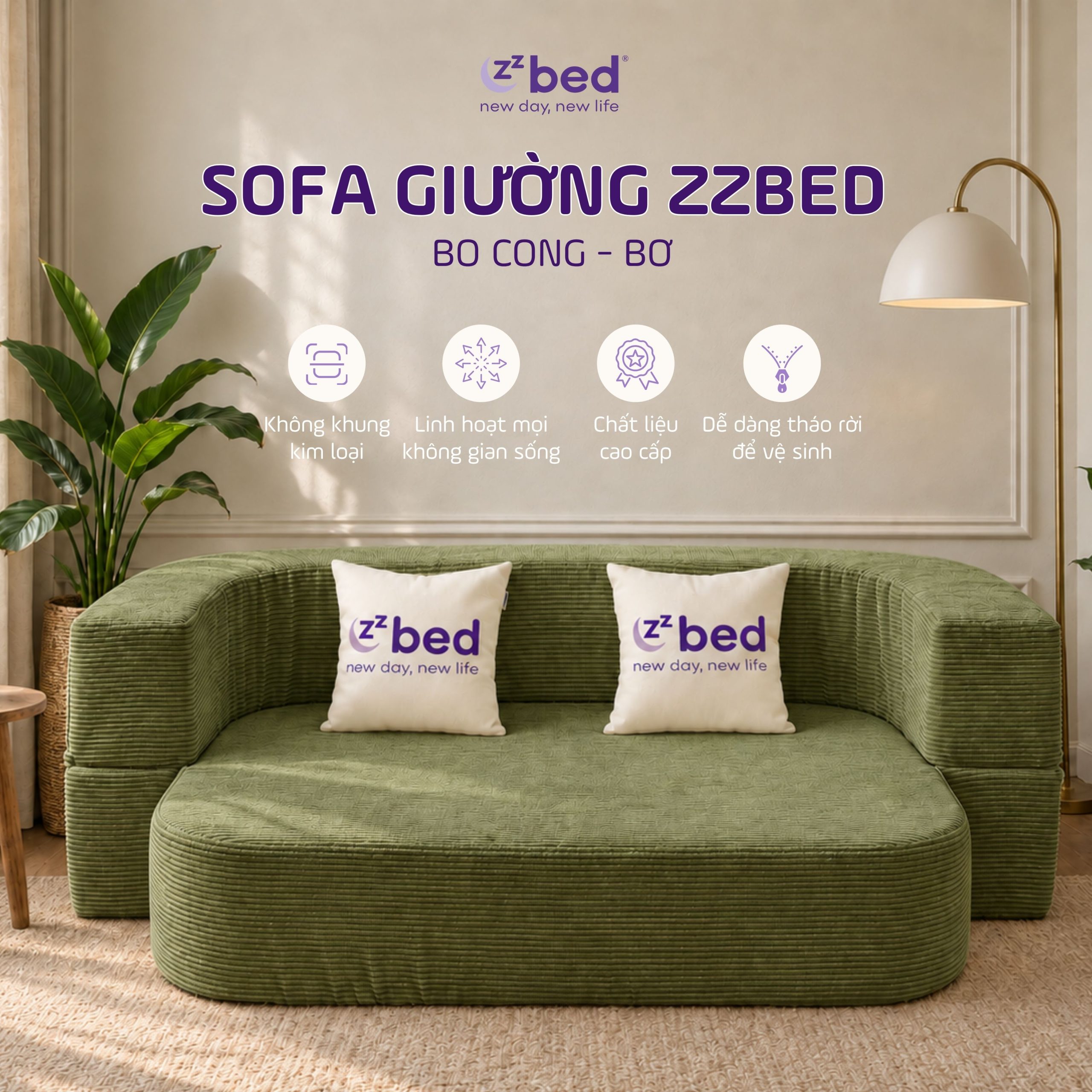Sofa Giường Zzbed Bo Cong Màu Xanh Lá