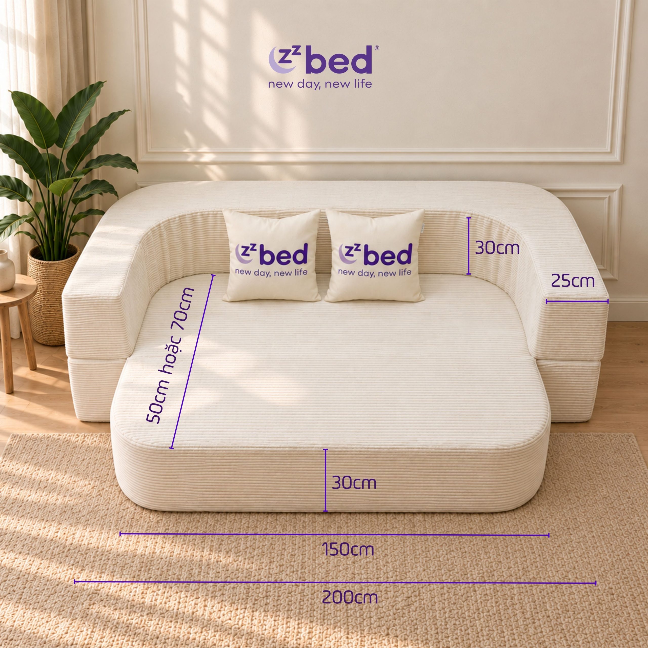 Sofa Giường Zzbed Bo Cong Màu Kem - Ảnh 2