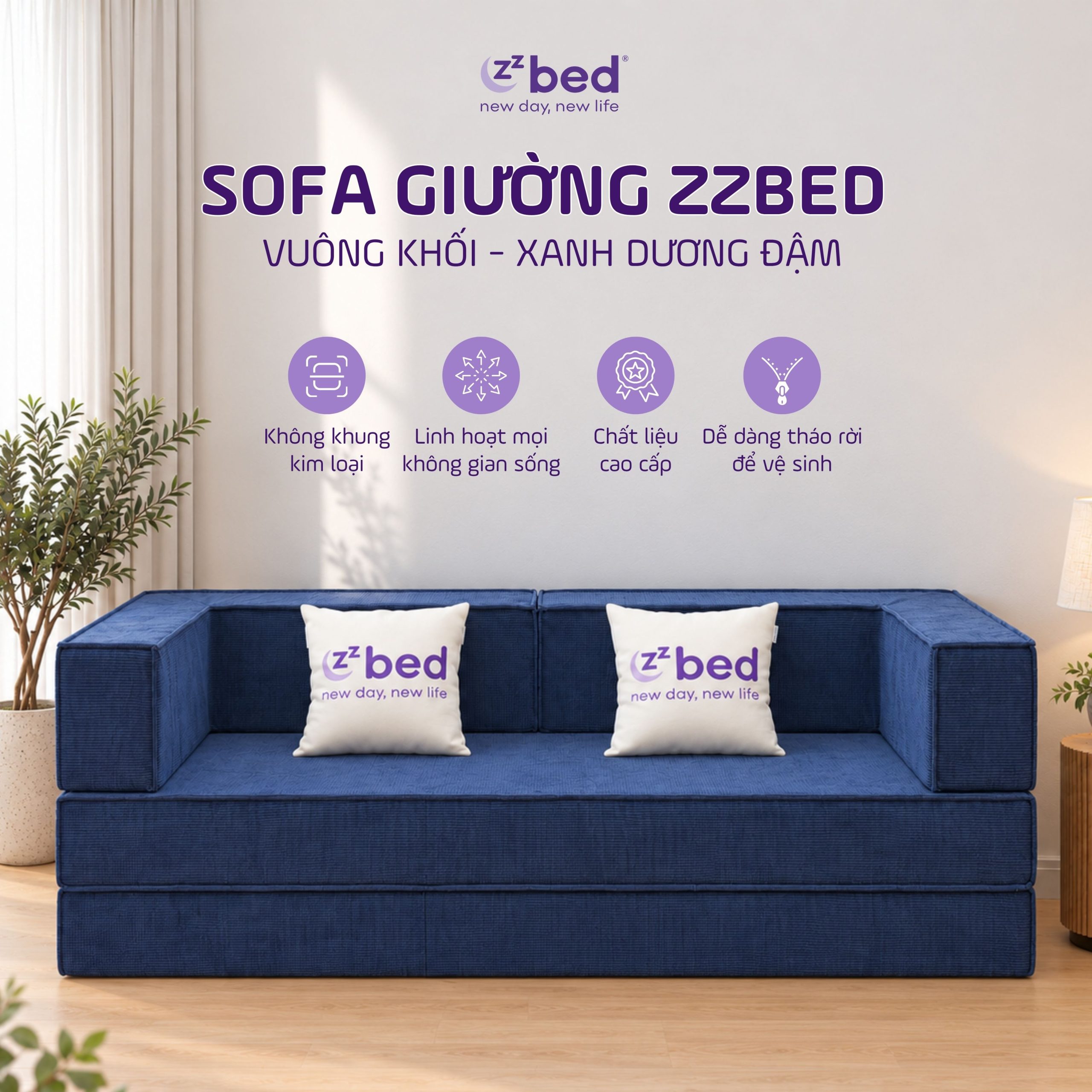 Sofa Giường Zzbed Vuông Khối Xanh Đậm