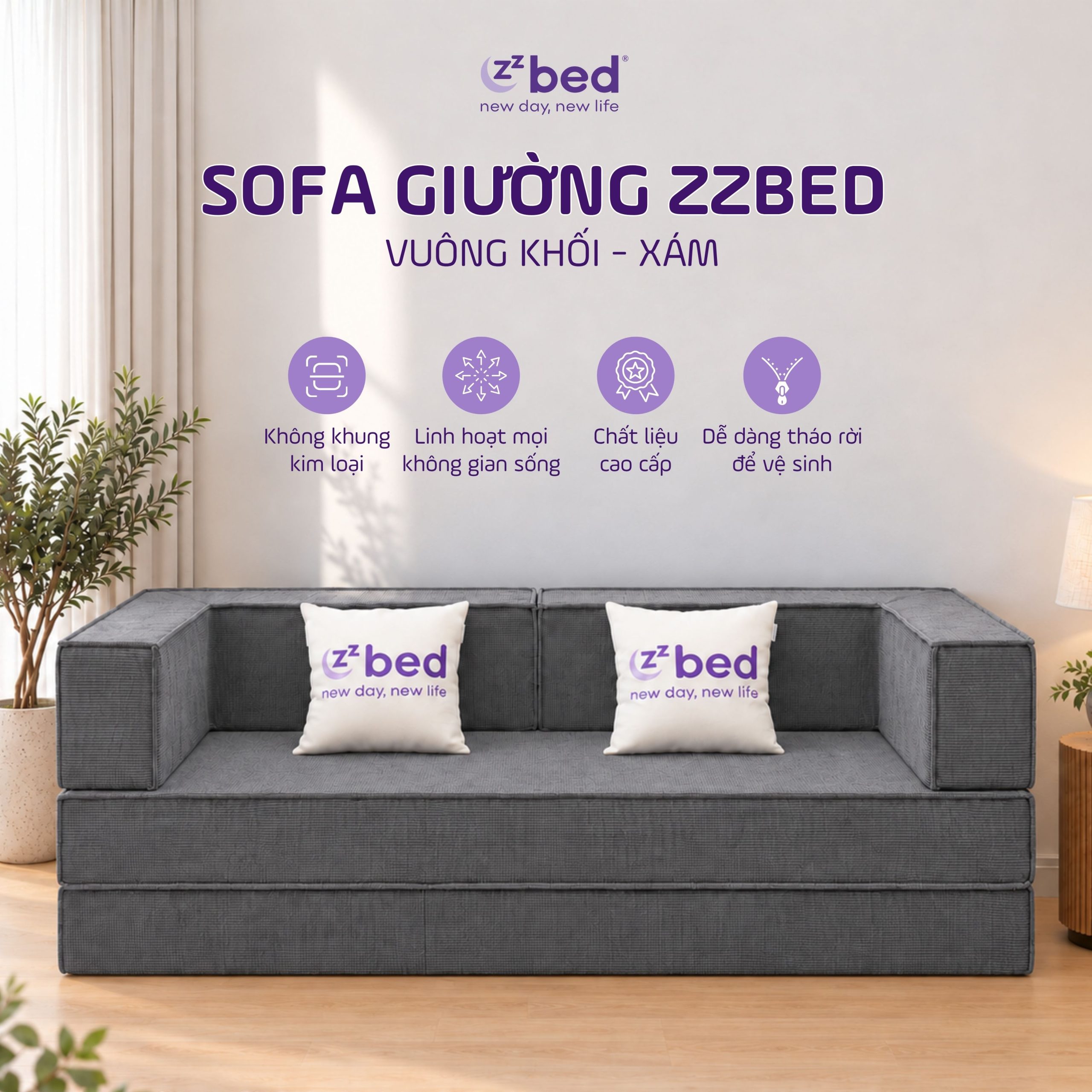 Sofa Giường Zzbed Vuông Khối Xám Nhạt