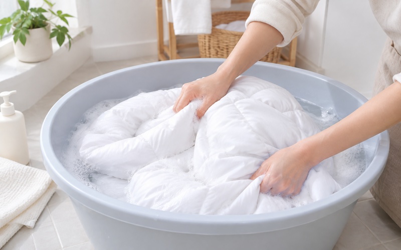 Giặt ruột chăn bằng tay với thao tác nhẹ nhàng để tránh vón cục