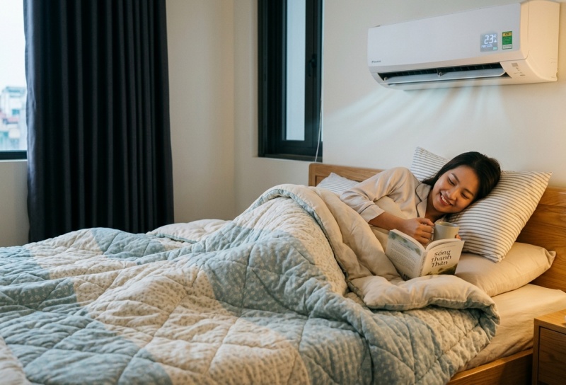 Chăn mền mỏng nhẹ trên giường trong phòng ngủ sử dụng máy lạnh