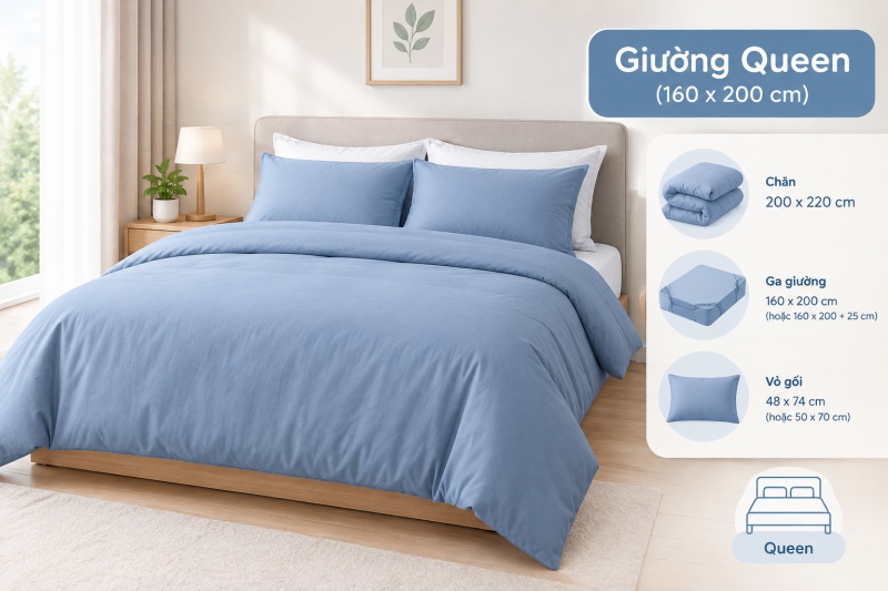 Chăn mền đôi phủ trên giường Queen với phần vải dư cân đối hai bên nệm