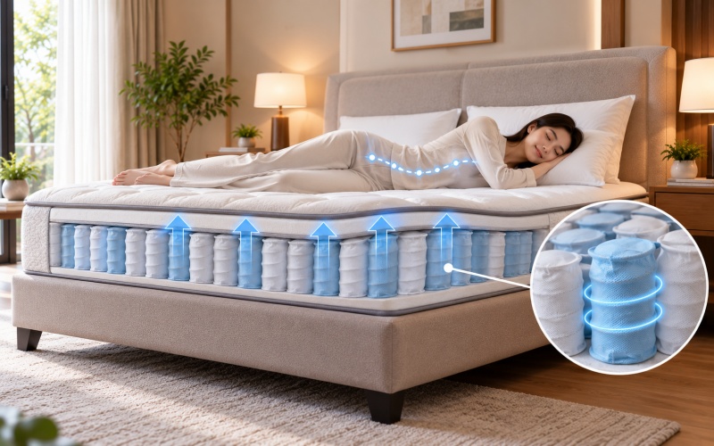 Ưu điểm nệm lò xo túi độc lập giúp hạn chế rung động và nâng đỡ linh hoạt