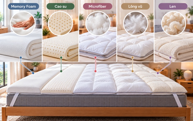 Các loại nệm topper phổ biến gồm memory foam cao su microfiber lông vũ và len
