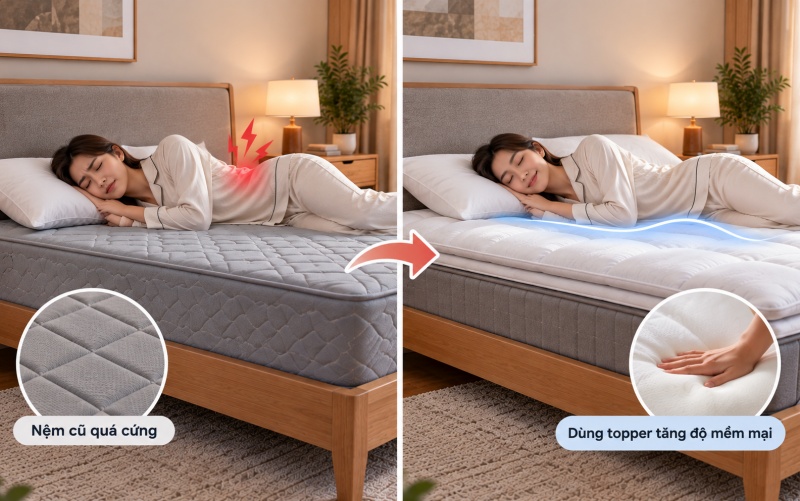 Sử dụng nệm topper trên giường ngủ để cải thiện độ êm của nệm chính