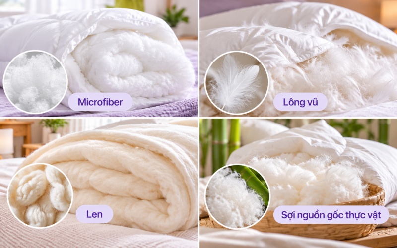 Các loại ruột chăn mùa đông phổ biến như Microfiber, polyester, lông vũ và len