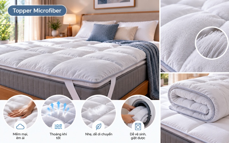 Topper Microfiber là gì và thiết kế tấm đệm lót mềm mại trên nệm chính