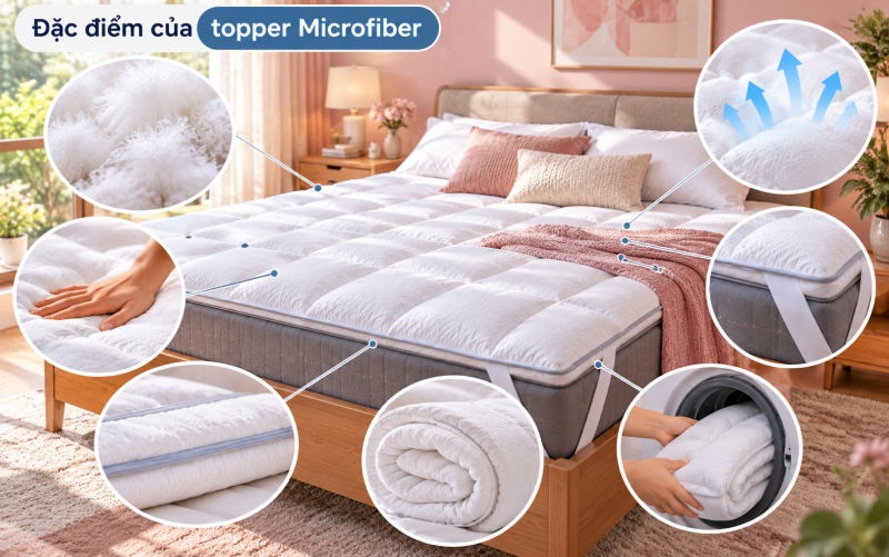 Đặc điểm topper Microfiber với lớp bông nhồi mềm mại và trọng lượng nhẹ
